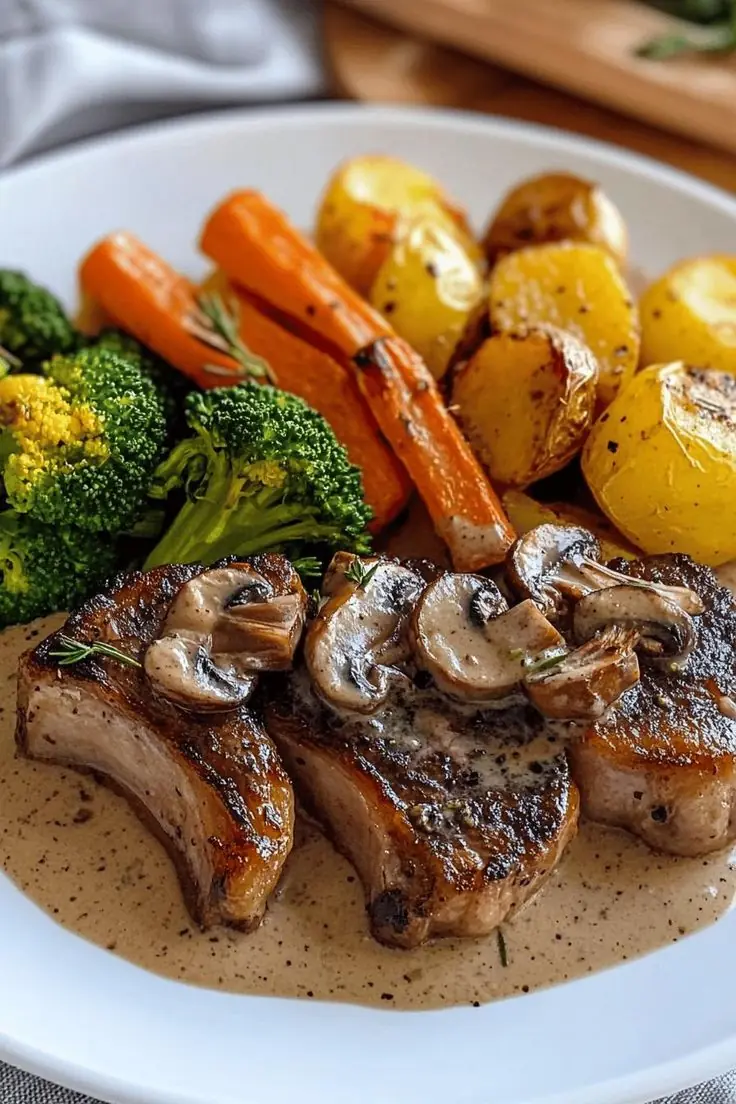 Pork Chops with Creamy Mushroom Sauce, Roasted Potatoes & Vegetables