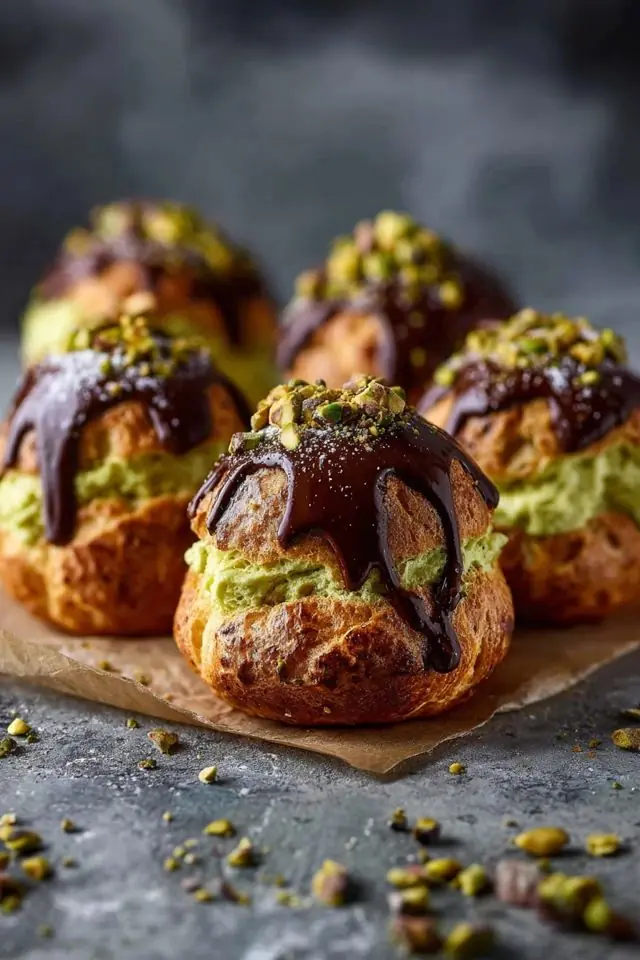 Pistachio Chocolate Profiteroles