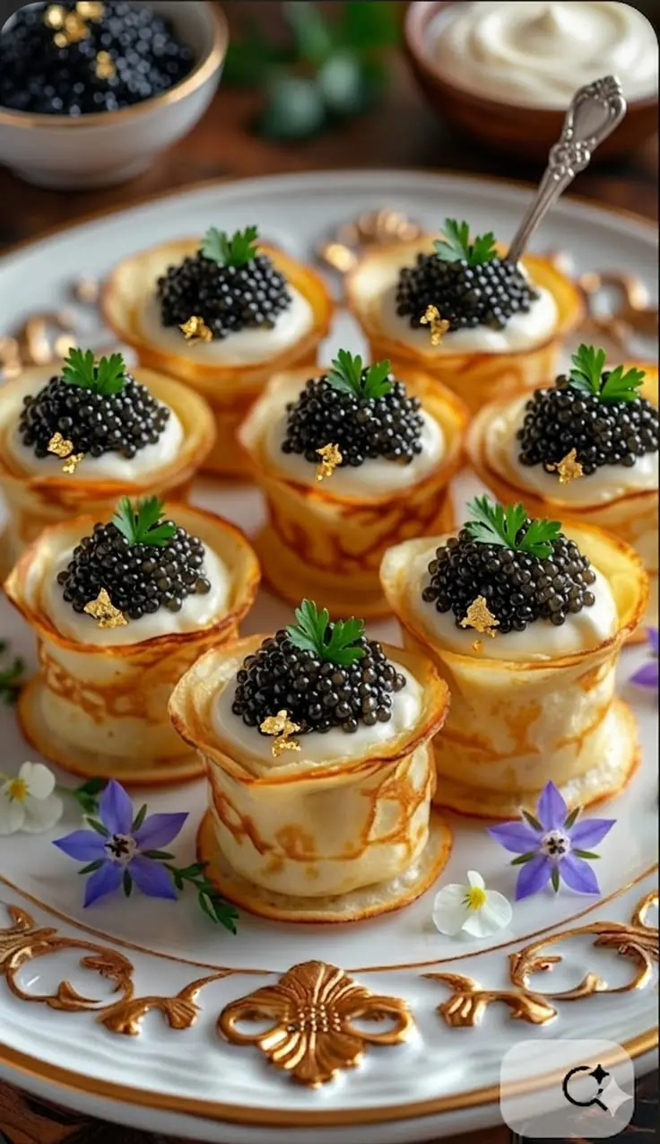 Caviar Crêpe Cups with Crème Fraîche
