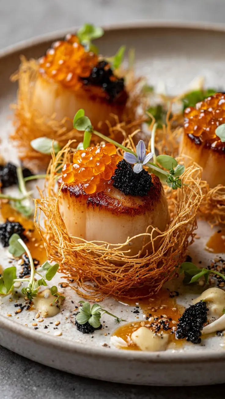 Seared Scallops with Caviar & Salmon Roe Nests