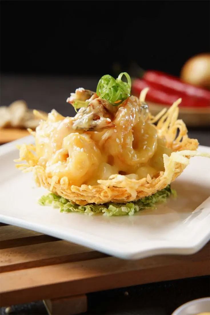 Crispy Seafood Nest with Creamy Garlic Shrimp & Calamari
