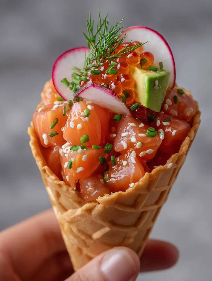 Salmon Poke Waffle Cone with Avocado & Ikura