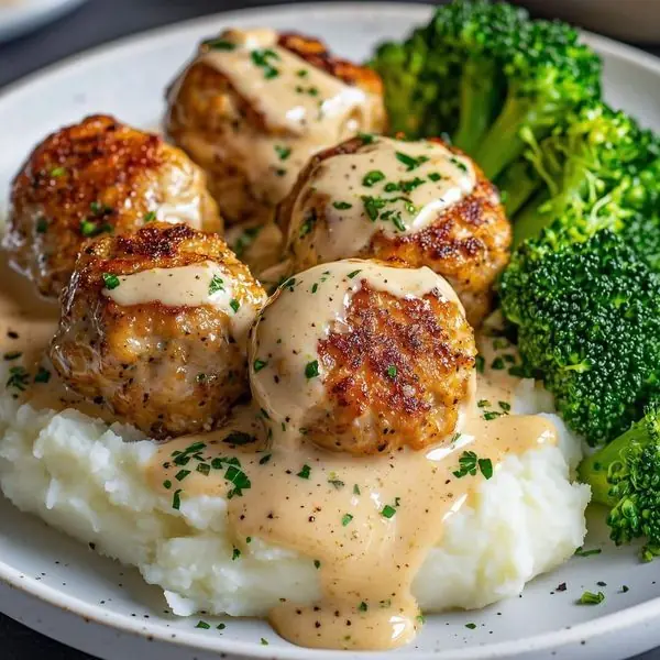 Creamy Swedish-Style Meatballs with Mashed Potatoes & Broccoli