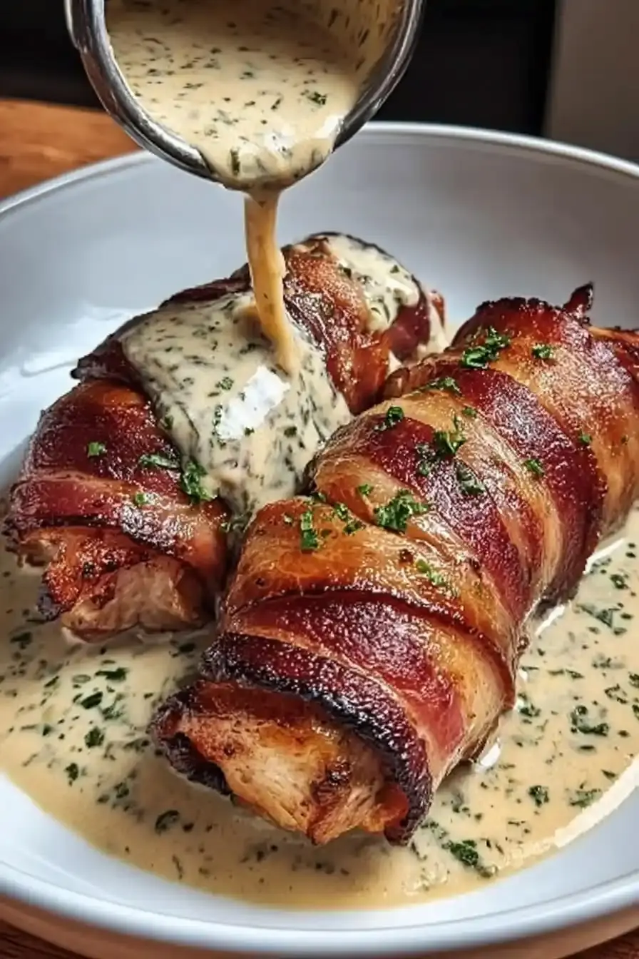 Bacon-Wrapped Chicken with Creamy Herb Sauce