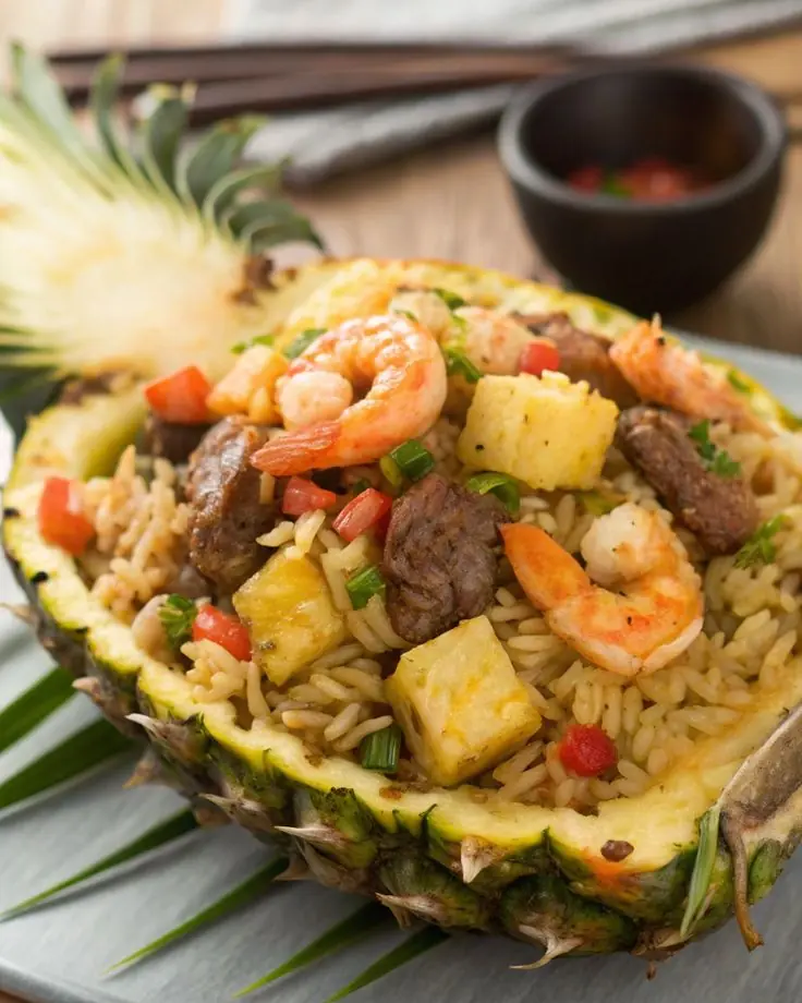 Pineapple Cashew Fried Rice Served in a Fresh Pineapple Bowl 🍍✨