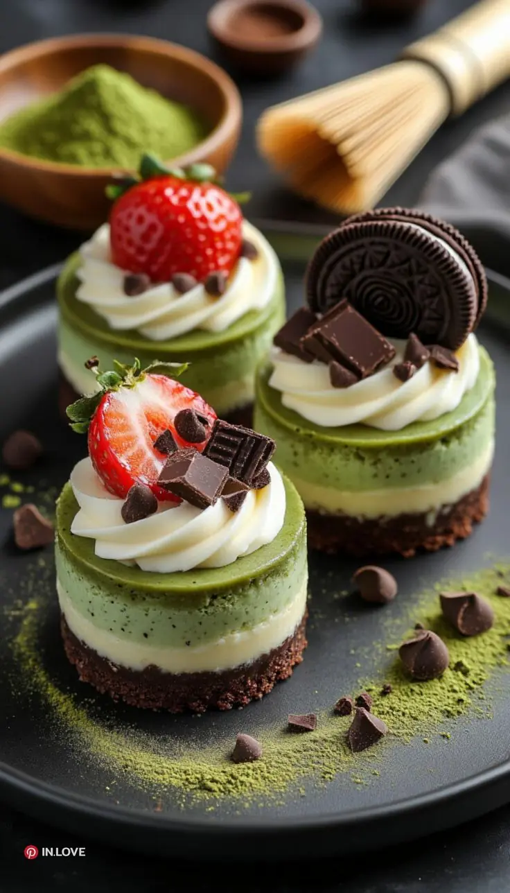 Mini Matcha Cheesecake Bites with Chocolate & Strawberries 🍵🍓🍫