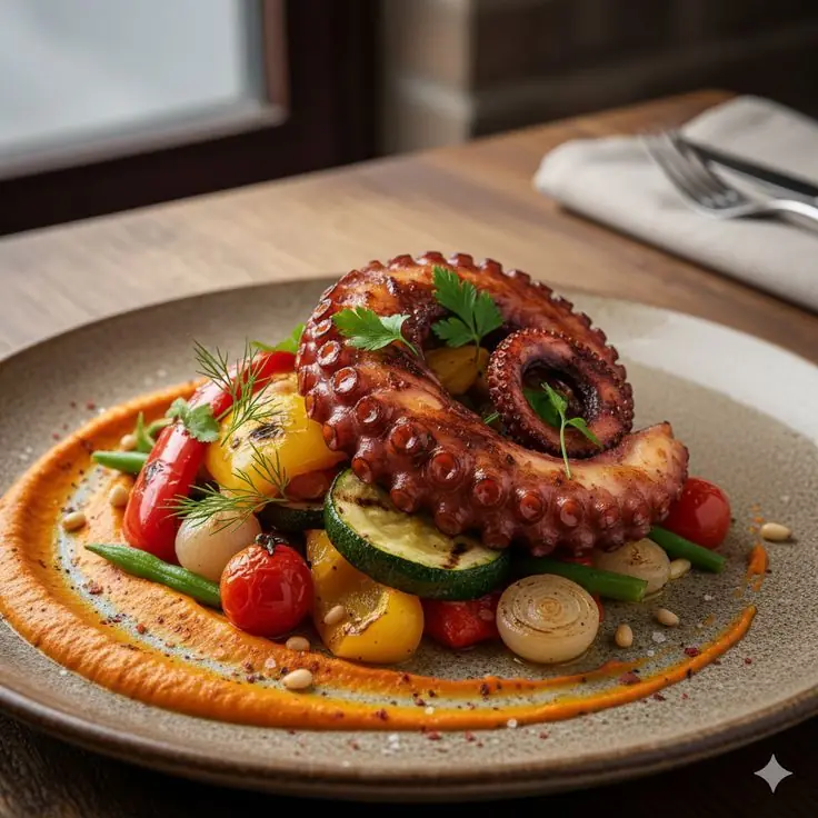 Grilled Octopus with Roasted Mediterranean Vegetables 🐙🍅🥒