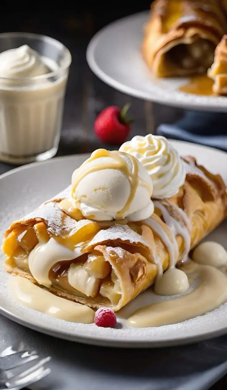 Apple Cream Cheese Strudel with Vanilla Sauce 🍎🥐🍦