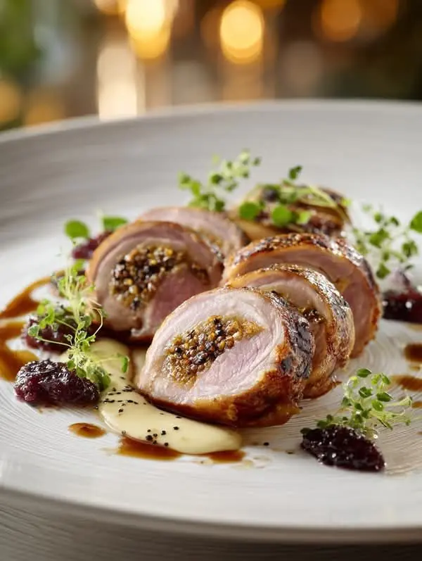 Bacon-Wrapped Pork Tenderloin with Whole Grain Mustard Filling