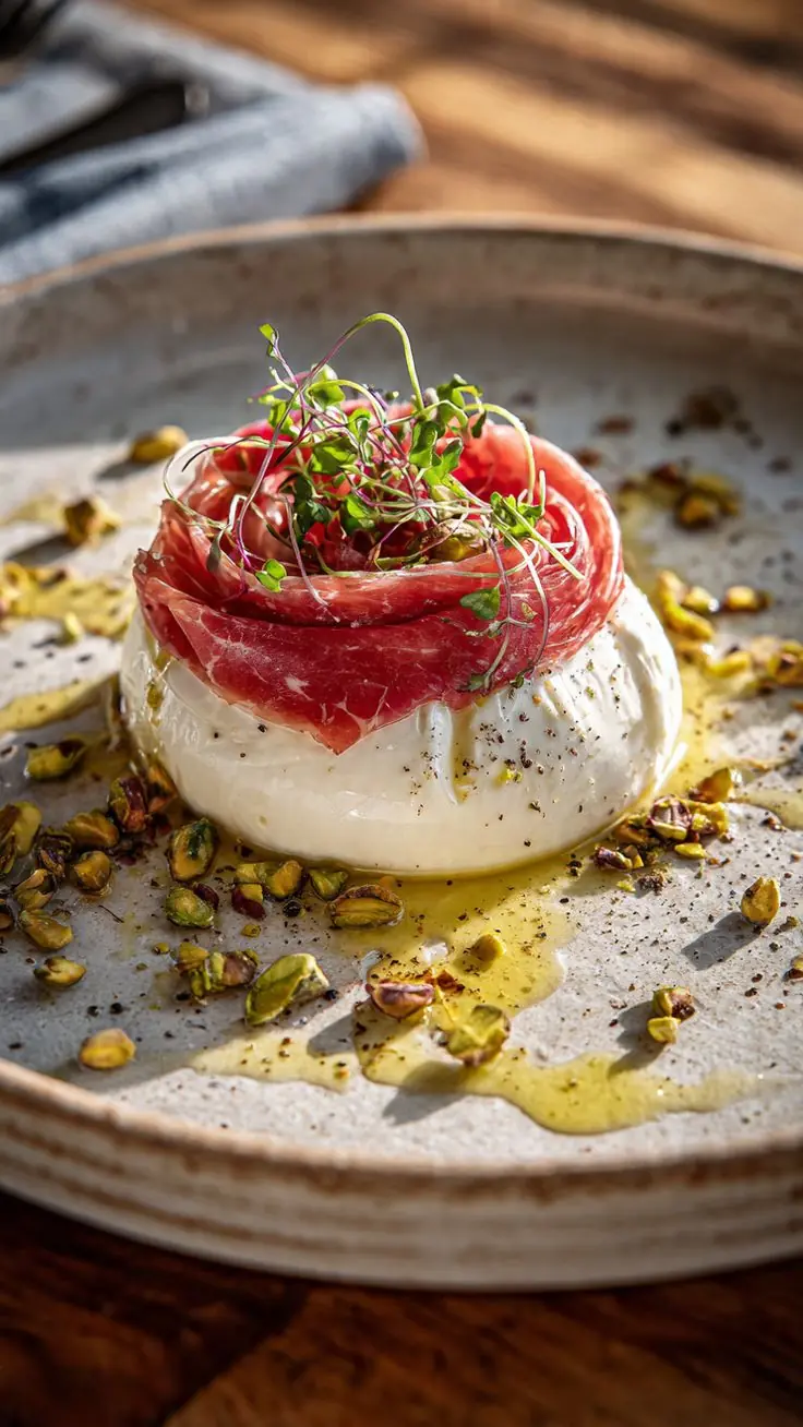 Burrata with Prosciutto, Pistachios & Honey