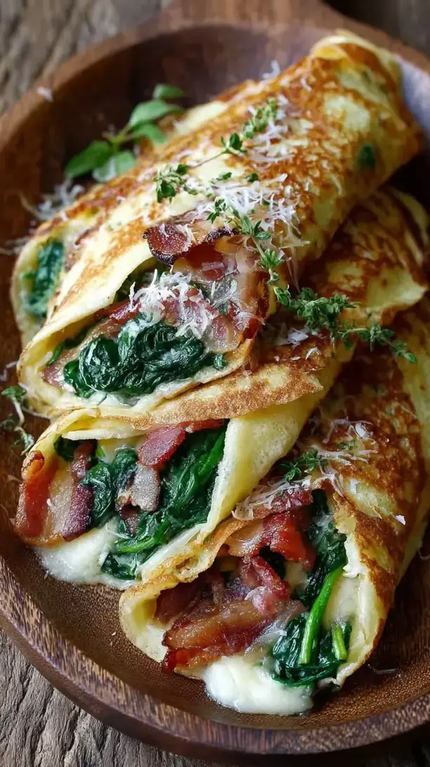 Spinach, Bacon & Mozzarella Breakfast Crepes