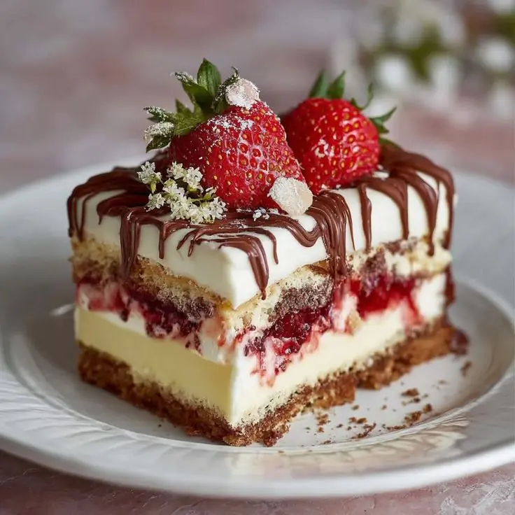 🍓 Strawberry Vanilla Cream Layer Cake with Chocolate Drizzle