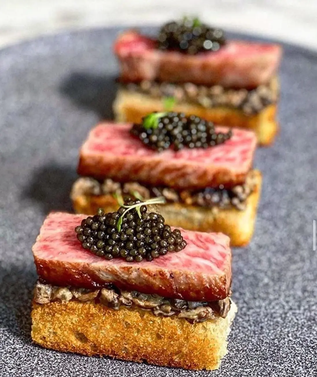 🥩 Japanese A5 Wagyu Crostini with Truffle Mushroom Duxelles & Caviar