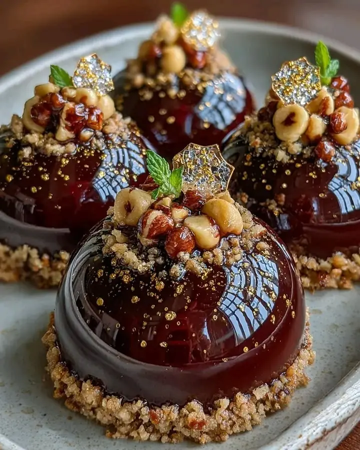 🍫 Dark Chocolate Mirror Mousse Domes with Hazelnut Praline