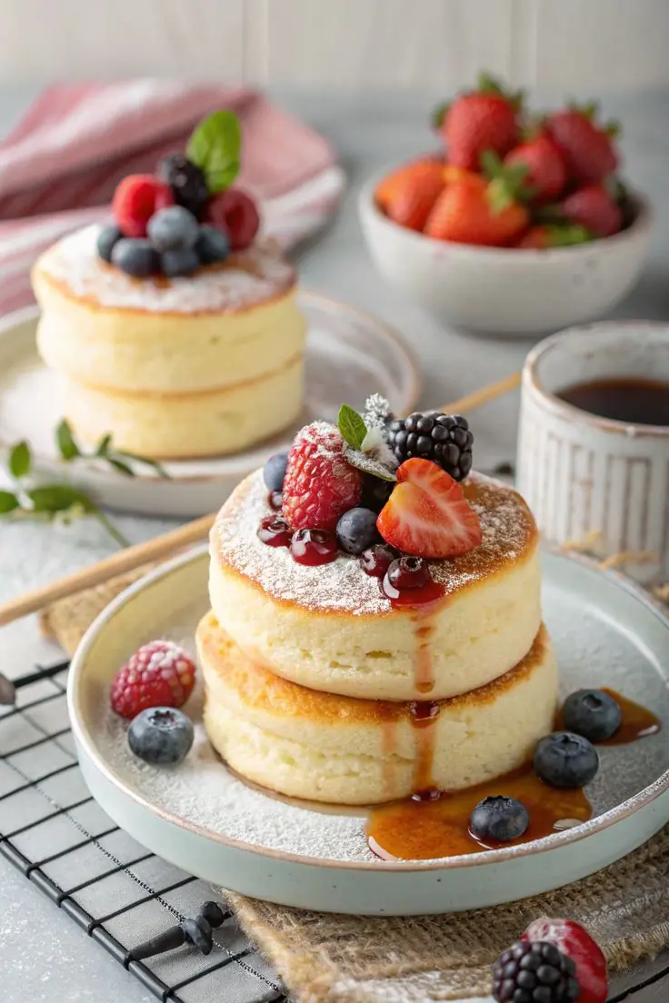 🥞 Japanese Soufflé Pancakes with Mixed Berries & Maple Syrup