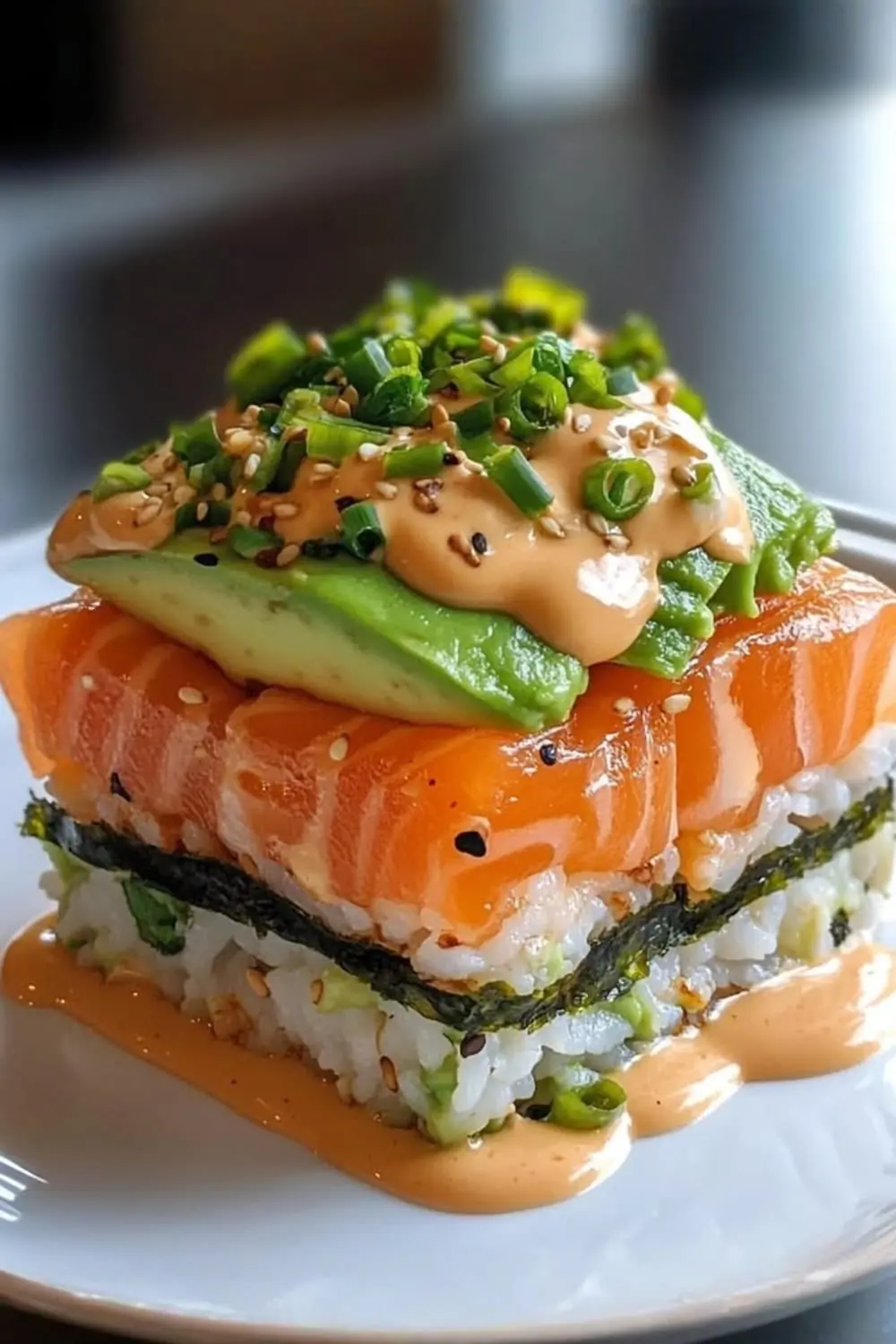 Salmon Sushi Stack with Spicy Mayo & Avocado