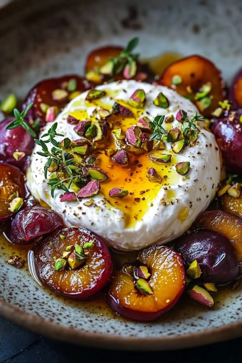 Burrata with Roasted Plums, Pistachios & Hot Honey