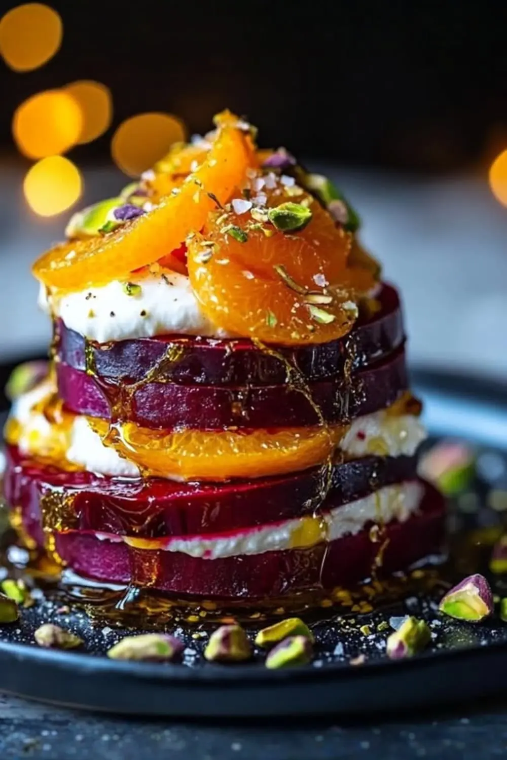 Roasted Beet & Burrata Stack with Citrus, Pistachios & Honey