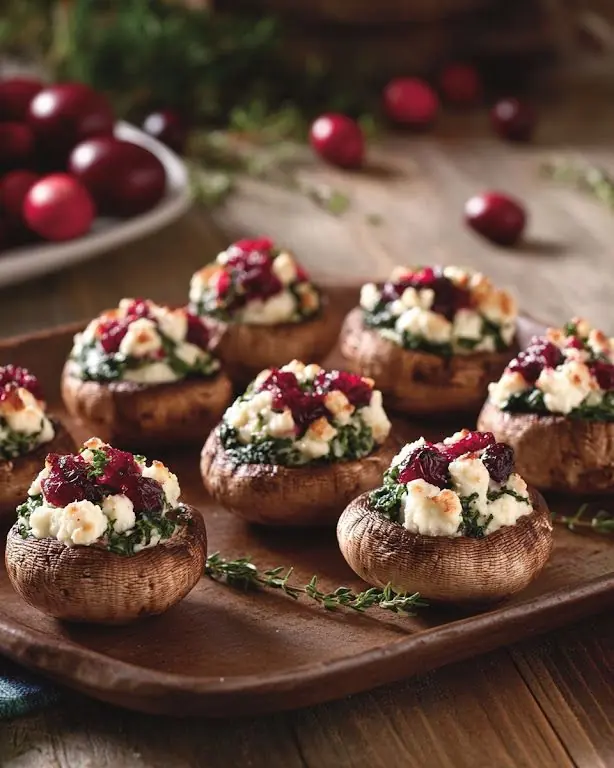 Spinach, Goat Cheese & Cranberry Stuffed Mushrooms
