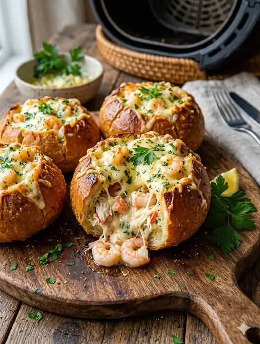 Cheesy Shrimp Stuffed Bread Bowls (Air Fryer)