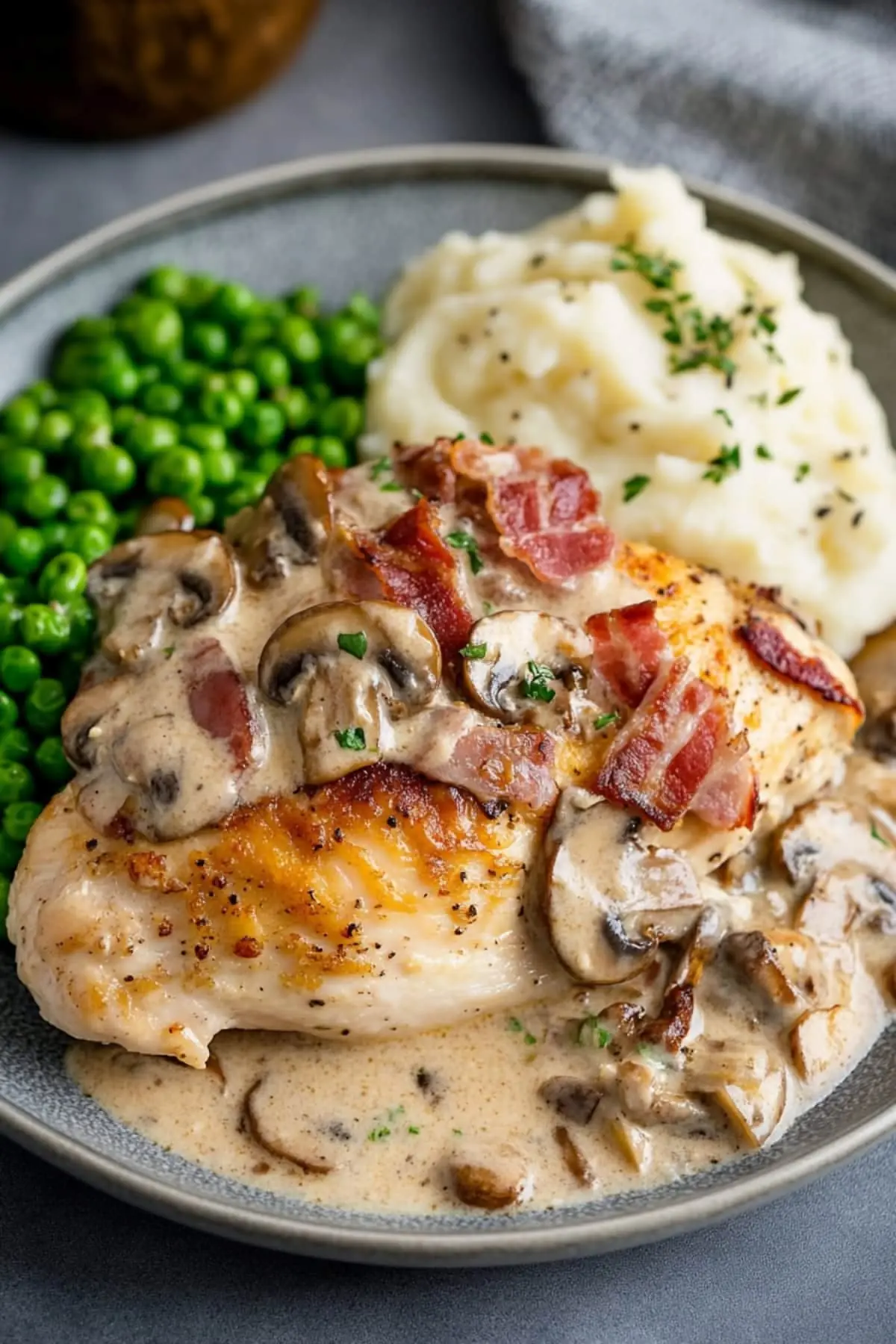 Creamy Bacon Mushroom Chicken with Mashed Potatoes & Peas