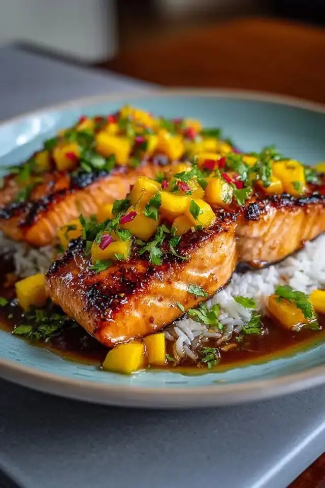 Honey Garlic Glazed Salmon with Fresh Mango Salsa & Jasmine Rice