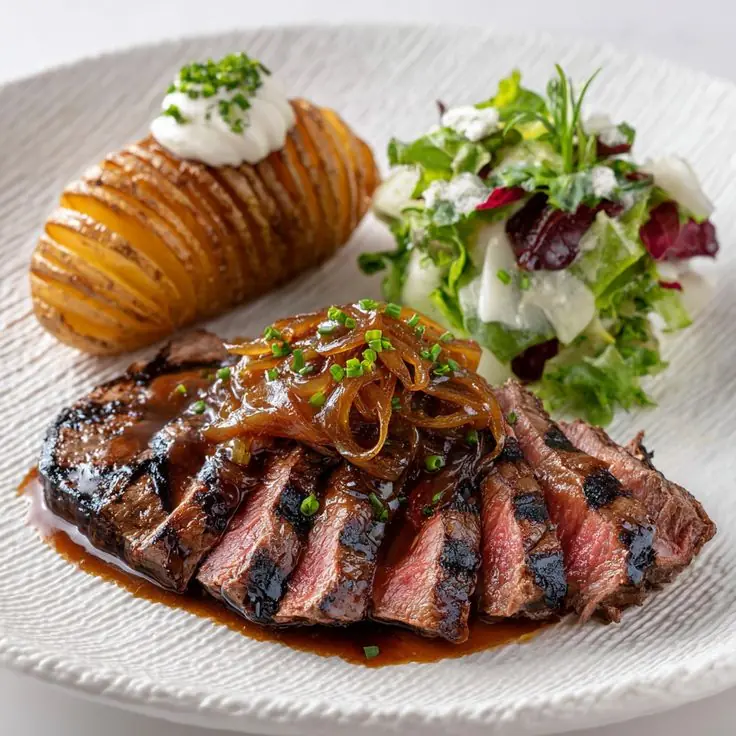 Grilled Steak with Caramelized Onion Gravy, Hasselback Potato & Fresh Green Salad