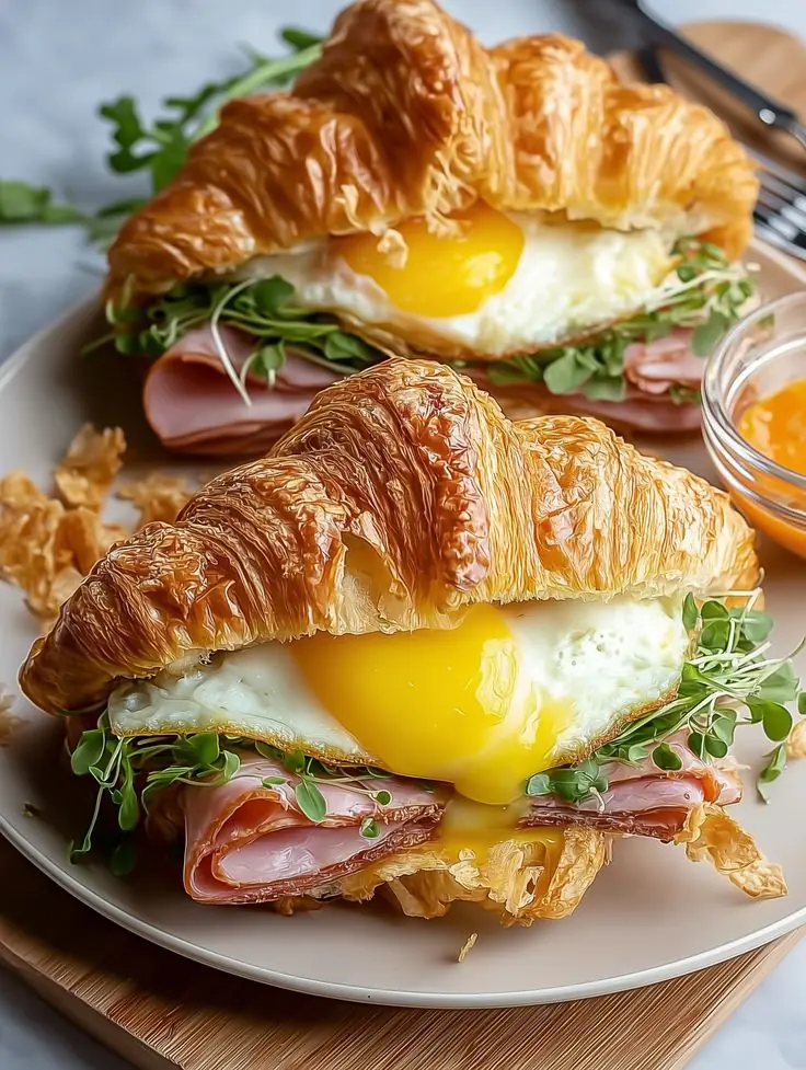 Breakfast Croissant Sandwich with Ham, Fried Egg & Microgreens