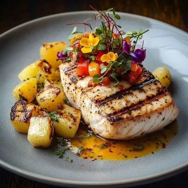 Grilled Halibut with Roasted Baby Potatoes & Fresh Tomato Salsa