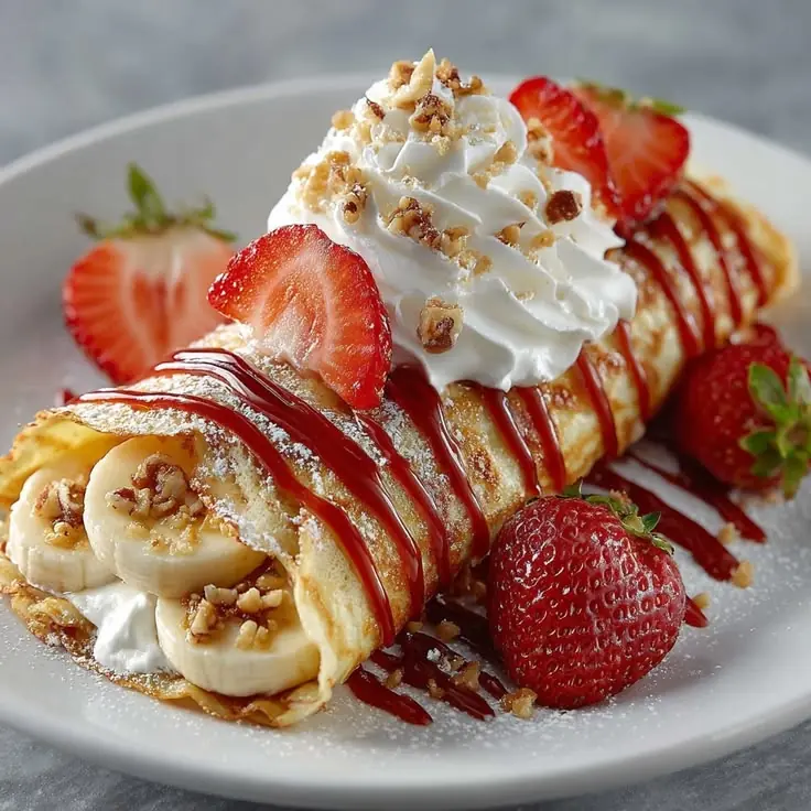 Banana & Strawberry Stuffed Crêpes with Whipped Cream and Strawberry Sauce