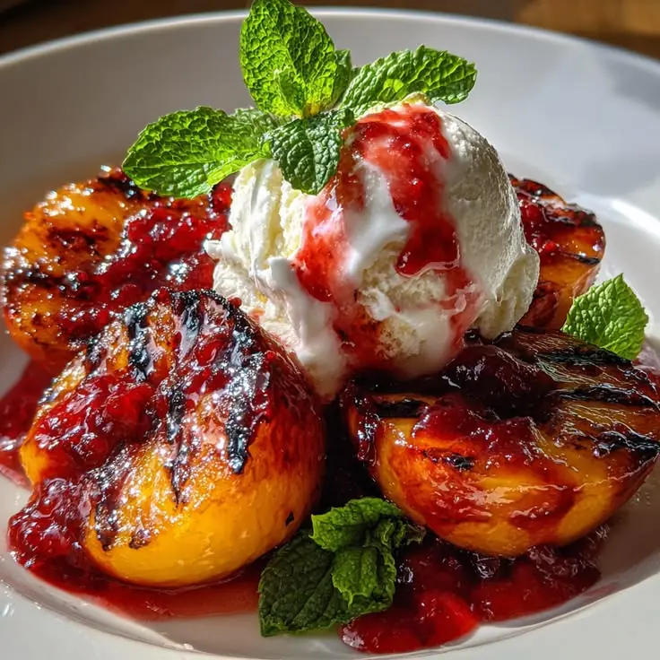 Grilled Peaches with Vanilla Ice Cream, Honey & Toasted Almonds