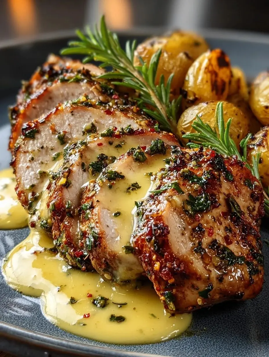 Herb-Crusted Pork Tenderloin with Creamy Dijon Sauce & Roasted Baby Potatoes