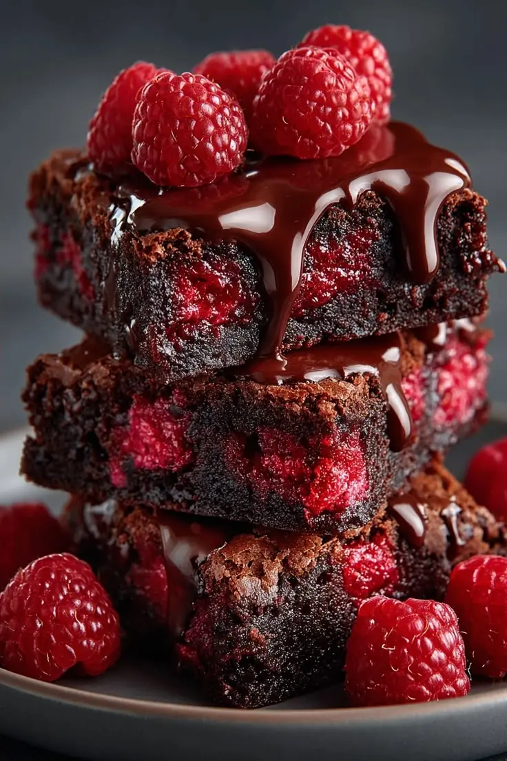 Fudgy Raspberry Brownies with Dark Chocolate Ganache