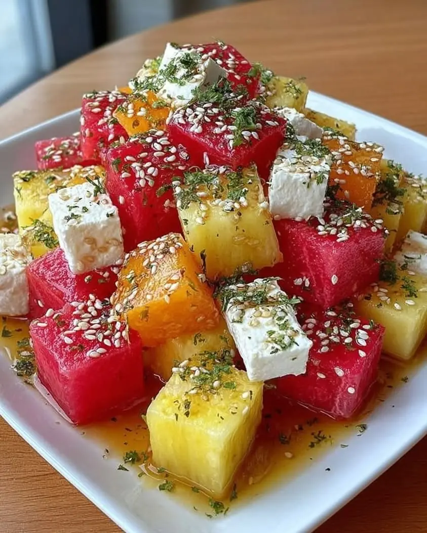 Tropical Fruit Salad with Honey-Lime Dressing, Feta & Pistachios
