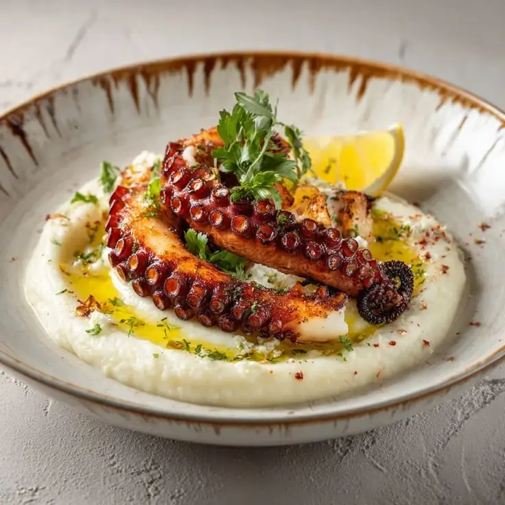 Grilled Octopus with Creamy Cauliflower Purée & Lemon Herb Oil
