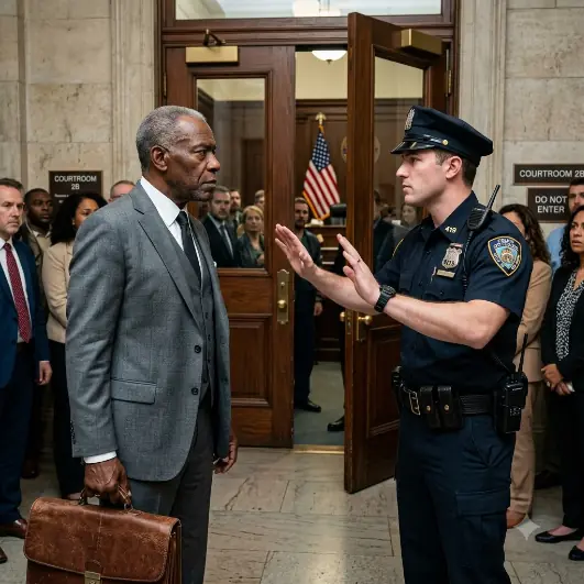 WHEN AN ARROGANT POLICE OFFICER RUDEY HANDCUFFED AN ELDERLY MAN AT THE COURTHOUSE ENTRANCE LAUGHING "YOU DON'T BELONG HERE OLD MAN," HE HAD NO IDEA THE MAN WAS THE FEDERAL PROSECUTOR assigned TO DEMOLISH HIS ENTIRE PRECINCT TODAY.